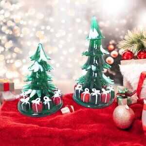Illuminations Art Glass Christmas Tree Pair 3" 5" Hand Blown Presents Snow